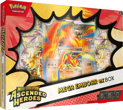 Pokémon TCG Mega Evolution Ascended Heroes Mega Emboar ex Box – zestaw z kartą promo i boosterami