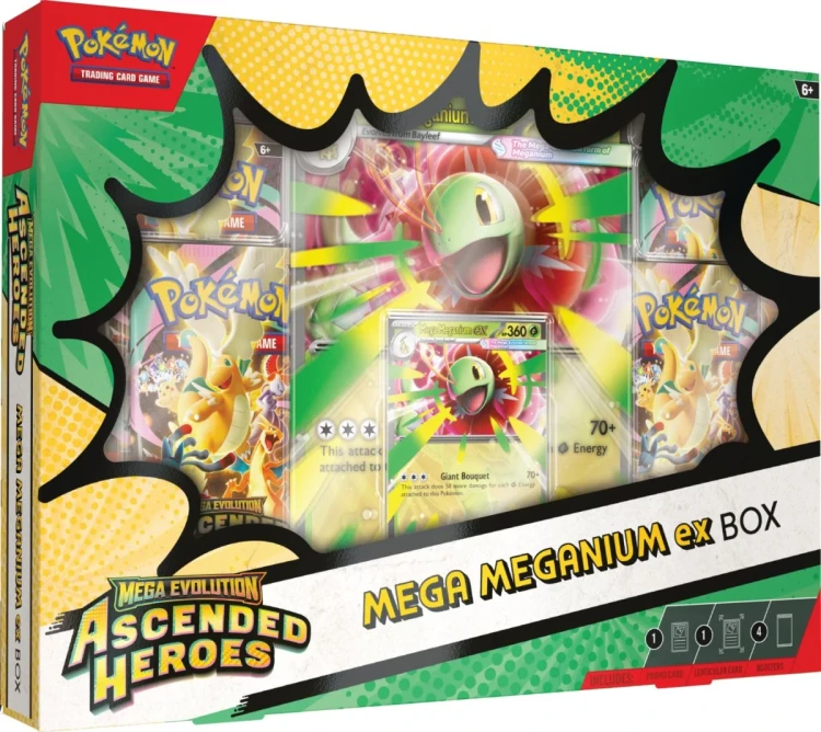 Pokémon TCG Mega Evolution Ascended Heroes Mega Meganium ex Box – zestaw z kartą lentikularną i 4 boosterami
