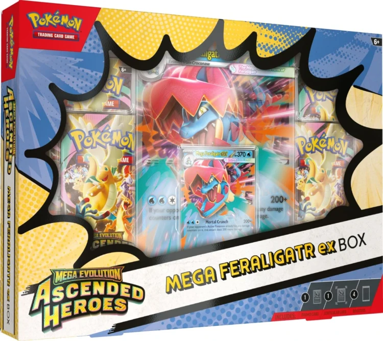 Pokémon TCG Mega Evolution Ascended Heroes Mega Feraligatr ex Box – zestaw z kartą lentikularną i boosterami.