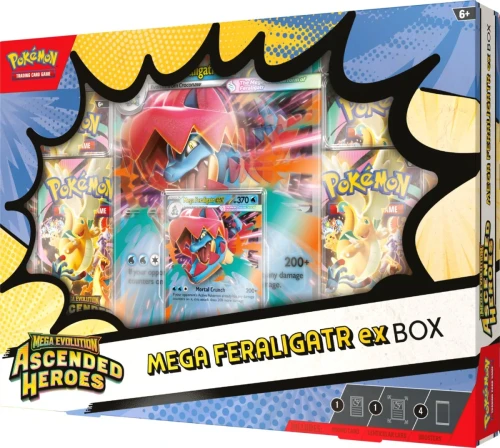 Oryginalnie zapieczętowany box Pokémon Mega Feraligatr ex z serii Mega Evolution Ascended Heroes.