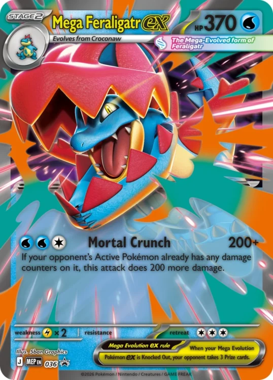 Karta Pokémon Mega Feraligatr ex foil promo z atakiem Mortal Crunch – seria Ascended Heroes.