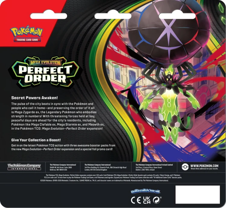 Pokémon TCG Mega Evolution Perfect Order 3-pack Blister Bundle Chikorita - Back