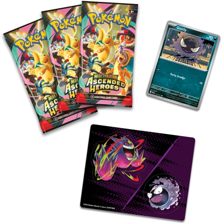 Pokemon TCG Mega Evolution Ascended Heroes Tech Sticker Collection Gastly Mega Gengar - zawartość blistera