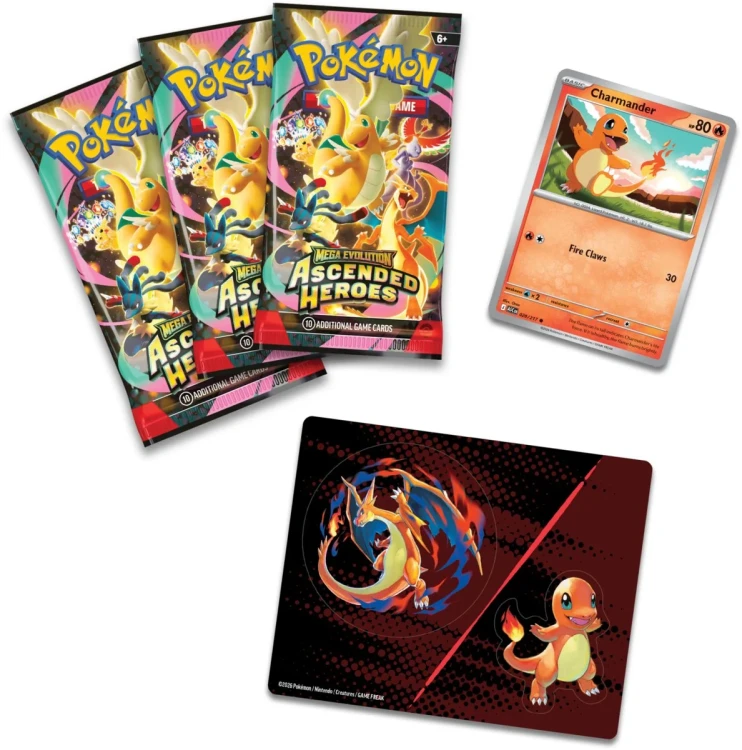 Pokémon TCG Mega Evolution Ascended Heroes Tech Sticker Collection Charmander &amp; Mega Charizard Y - zawartość zestawu