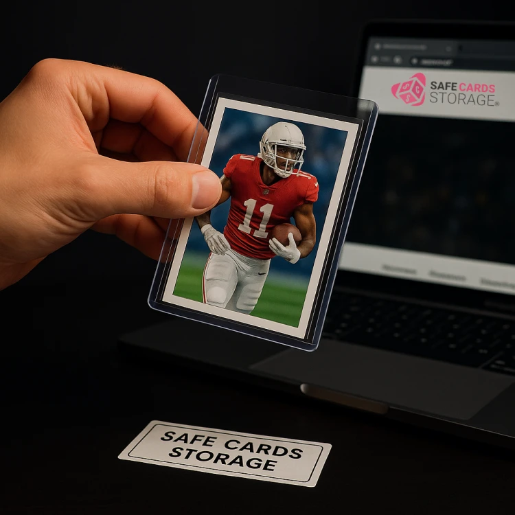 Toploader na karty 55PT 3 x 4 cale Ultra Clear 25 sztuk Safe Card Storage - podgląd z kartą